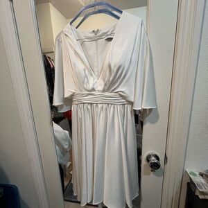 Mac Duggal White Plunge Neck Flutter Sleeve Sundress